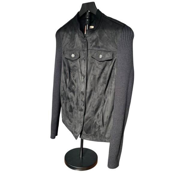Ruff Hewn Faux Suede Sweater Jacket Button Black Women M Bikercore Great Shape - Picture 3 of 7